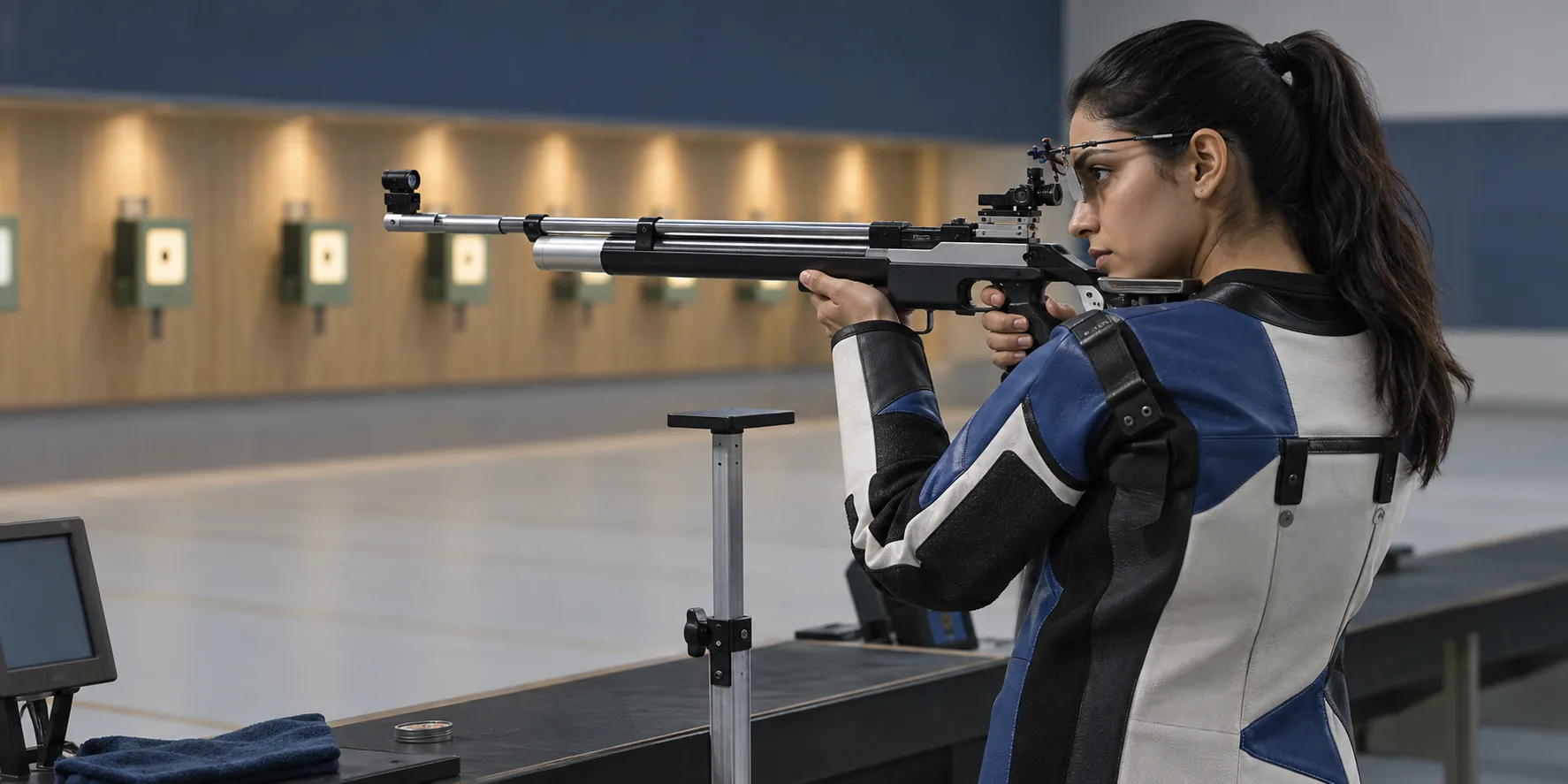 Illustrative image of a 10 m air rifle athlete in competition shooting attire